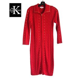 Calvin Klein Studded Cable Knit Sweater Dress M (Fits XS) Red Zip Front NWT